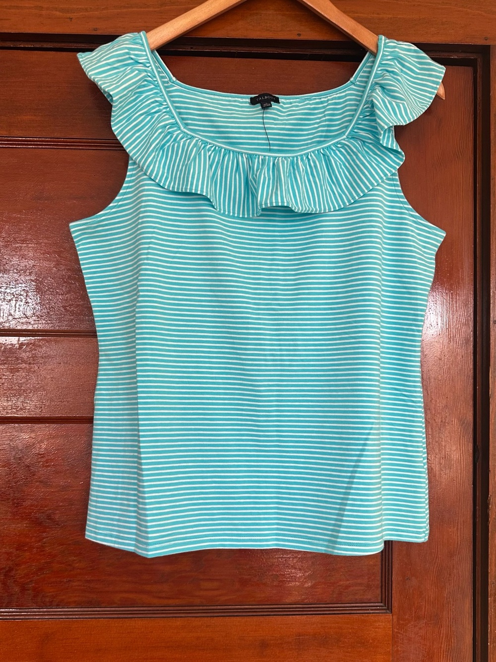 Talbots Ruffle Square Neck Stripe Sleeveless Tank Top Large Cotton Modal Blend